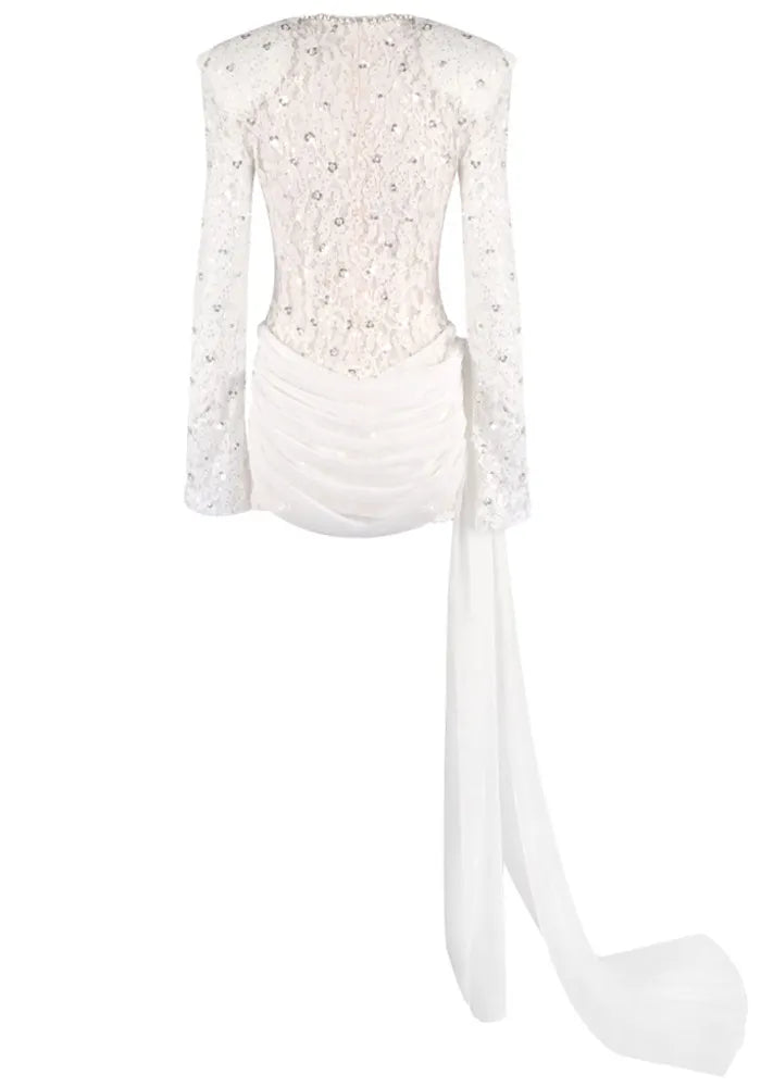 Long Sleeve Draped Sequin Lace Dress White