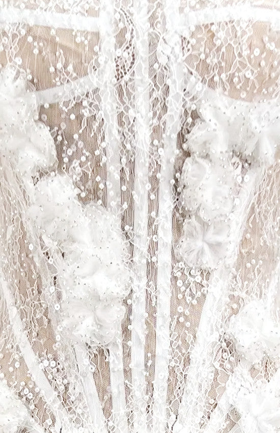 Strapless Pearl Sequin Lace Corset Maxi Dress White