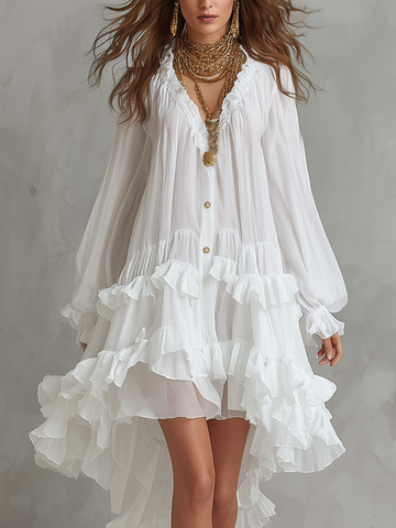 Bohemian White Ruffled Chiffon Dress