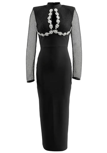 Long Sleeve Crystal Floral Detail Maxi Dress Black
