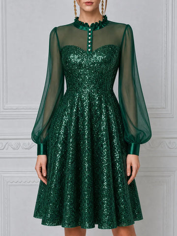 Emerald Green Sequin Sheer Puff Sleeve A-Line Mini Dress