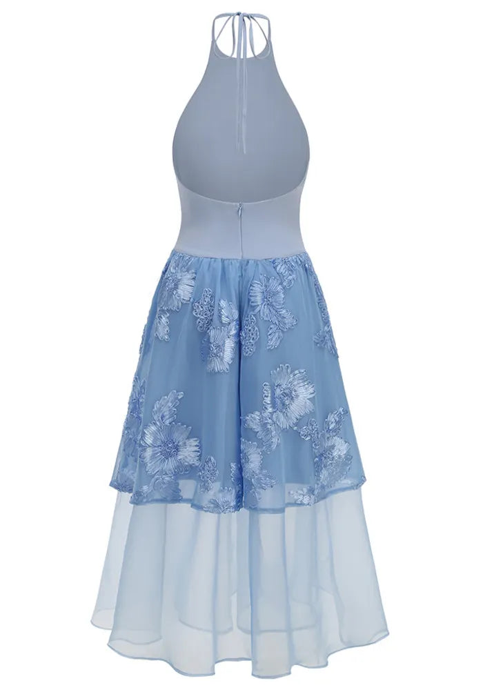 Halter Floral A Line Midi Dress Blue