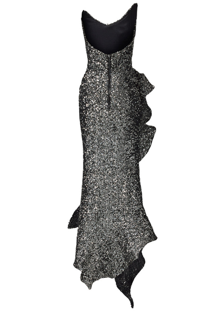Strapless Sequin Ruffle Maxi Dress Silver