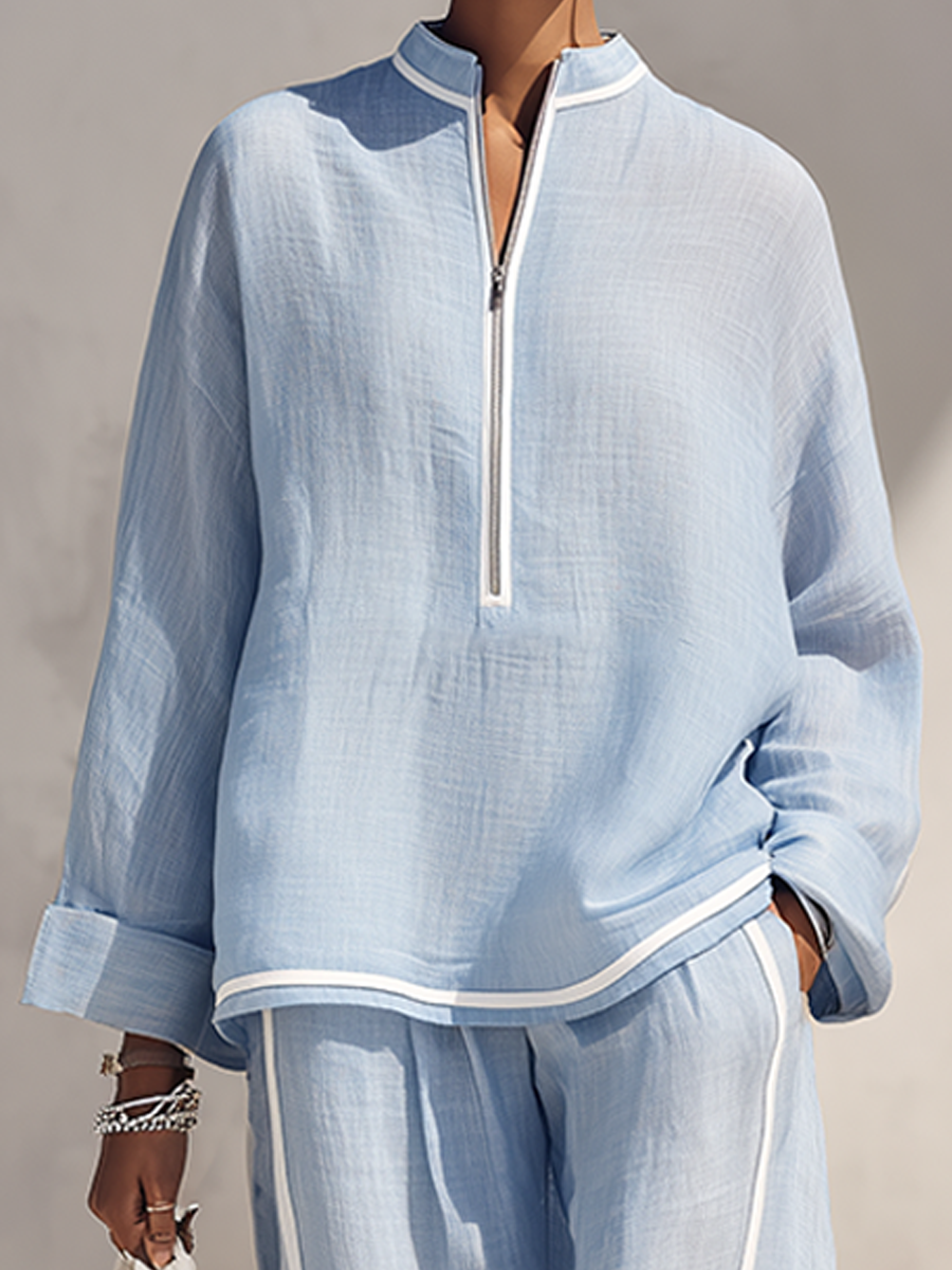 Women's Light‐Blue Linen Stand‐Collar Half‐Zip Oversized Top & Wide‐Leg Pants Set