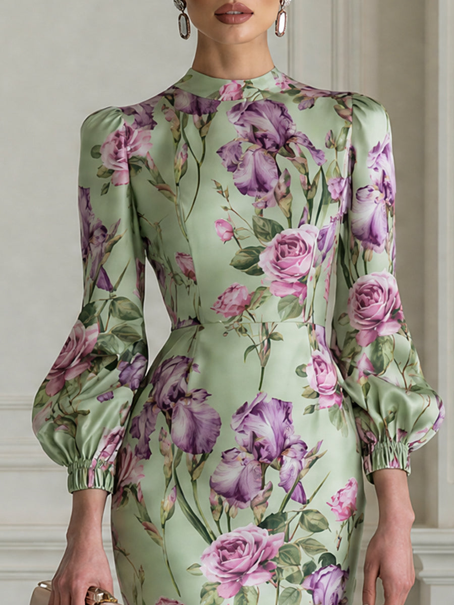 Vintage Rose Iris Floral Print Fitted Midi Dress