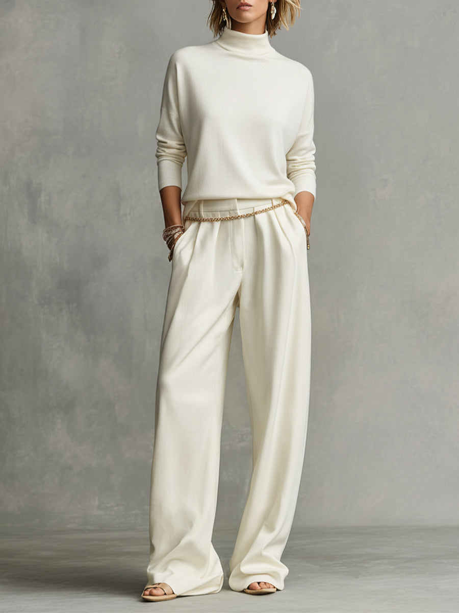 Women's Ivory Soft Knit Turtleneck with Oversized Silhouette & High Neck, Contemporary Effortless-Chic Style Top MDA1522K5I
