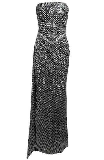 Strapless Crystal Detail Sequin Maxi Dress Black