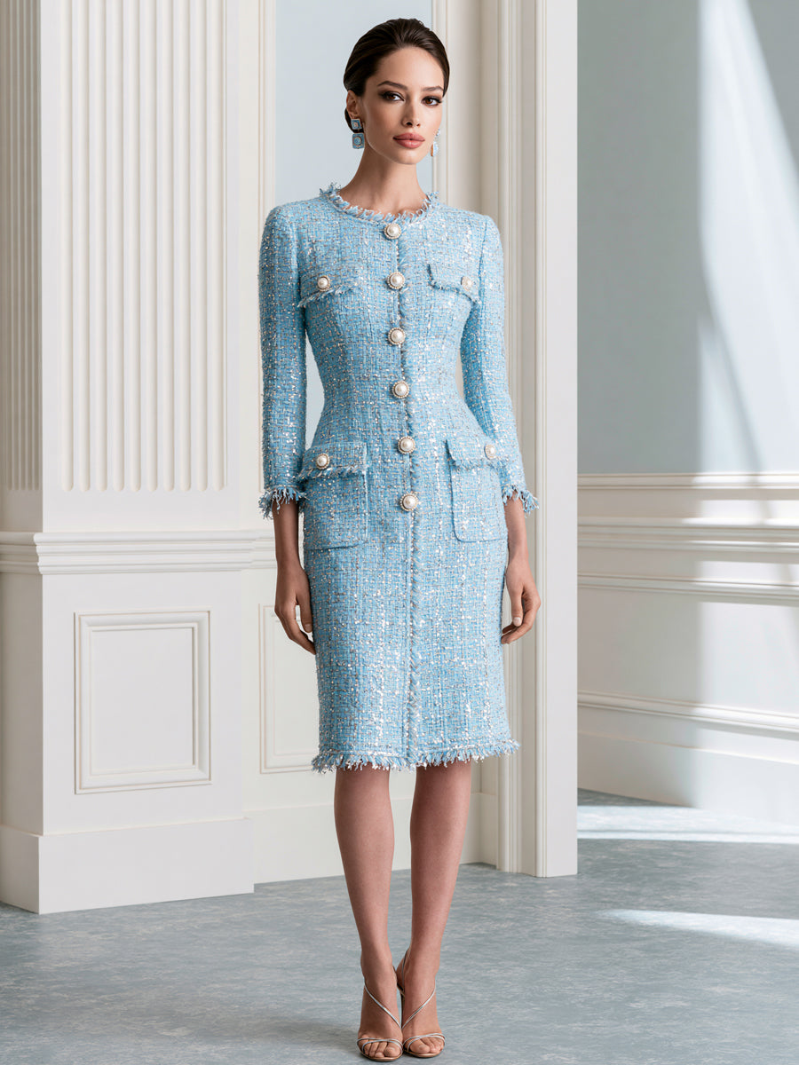 Elegant Sparkle Tweed Pearl Buttons Midi Dress