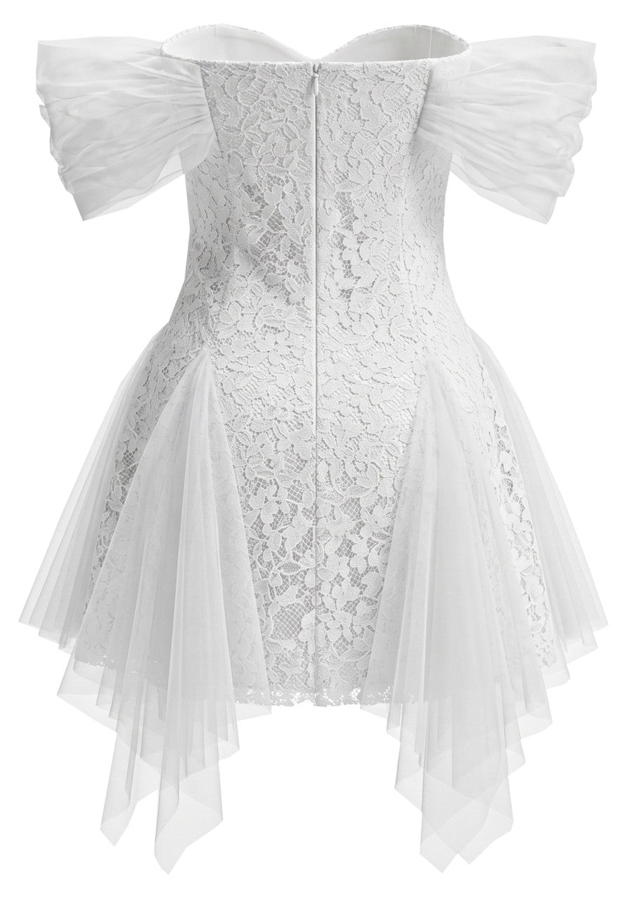 Floral Mesh Bardot Lace Dress White