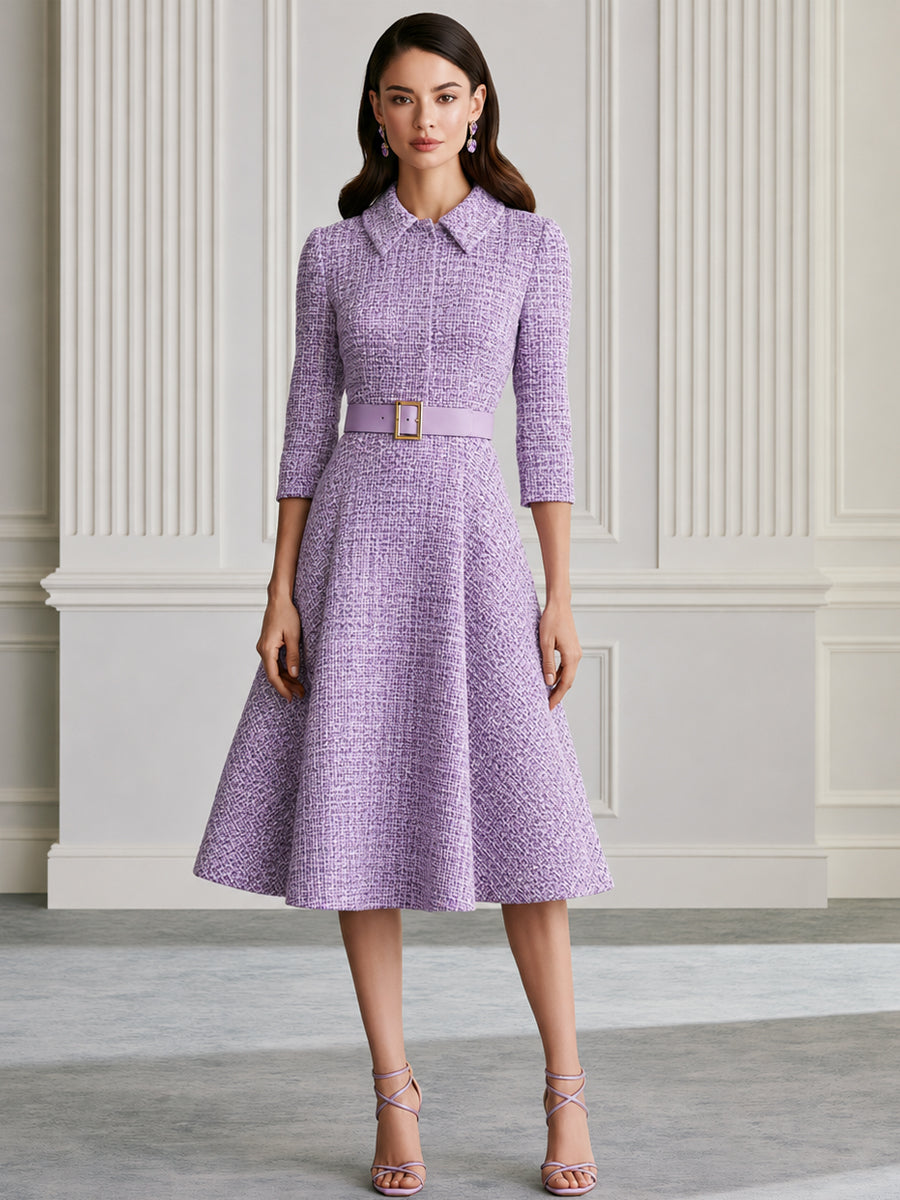 Premium Tweed Collared 3/4 Sleeve A-Line Midi Dress