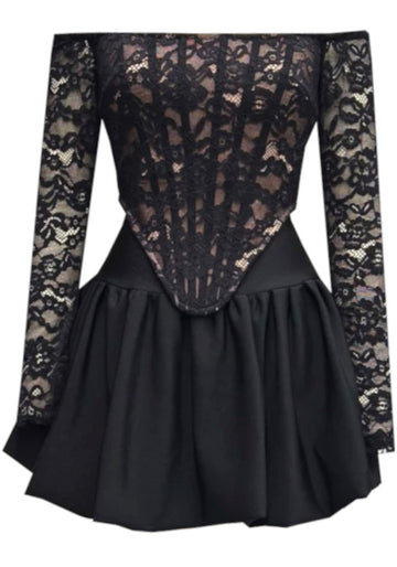 Long Sleeve Bardot Lace Corset Two Piece Dress Black