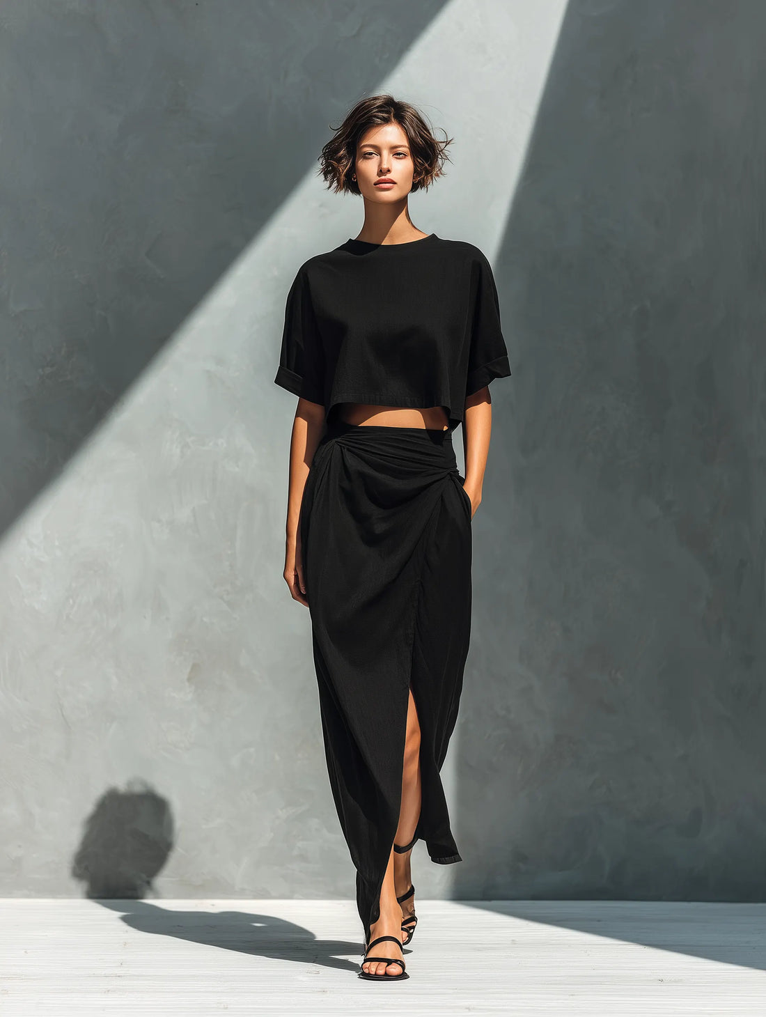 Women’s Black Linen-Blend Cropped T-Shirt & Ruched Wrap Maxi Skirt With Slit Two-Piece Set MDZ2581D0T
