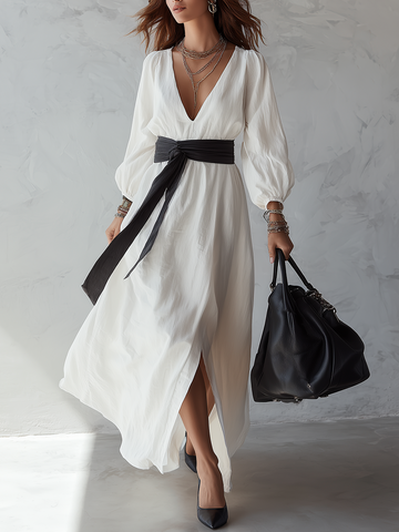 Minimalist V-Neck Puff-Sleeve Slit Maxi Dress