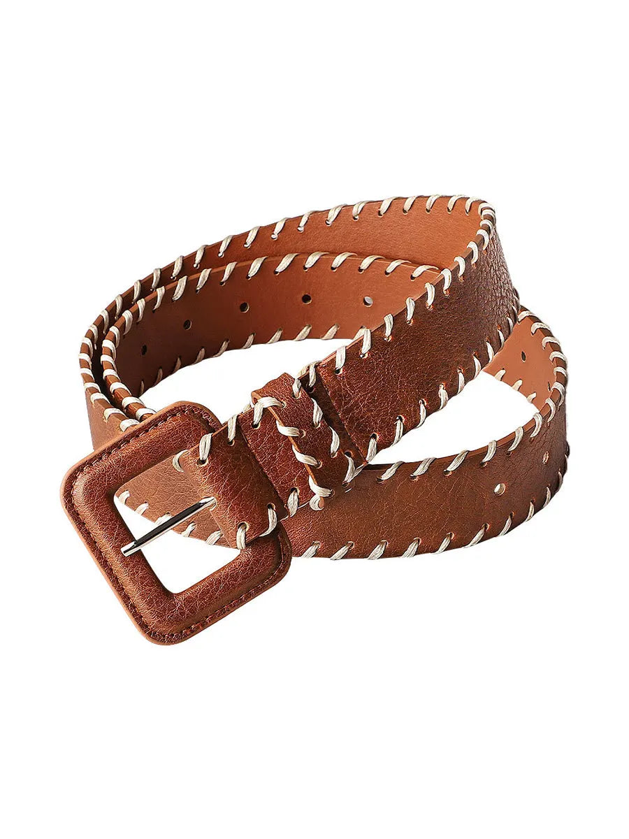 Women's Brown Leather Belt with Stitching Detail MDA1679H3I