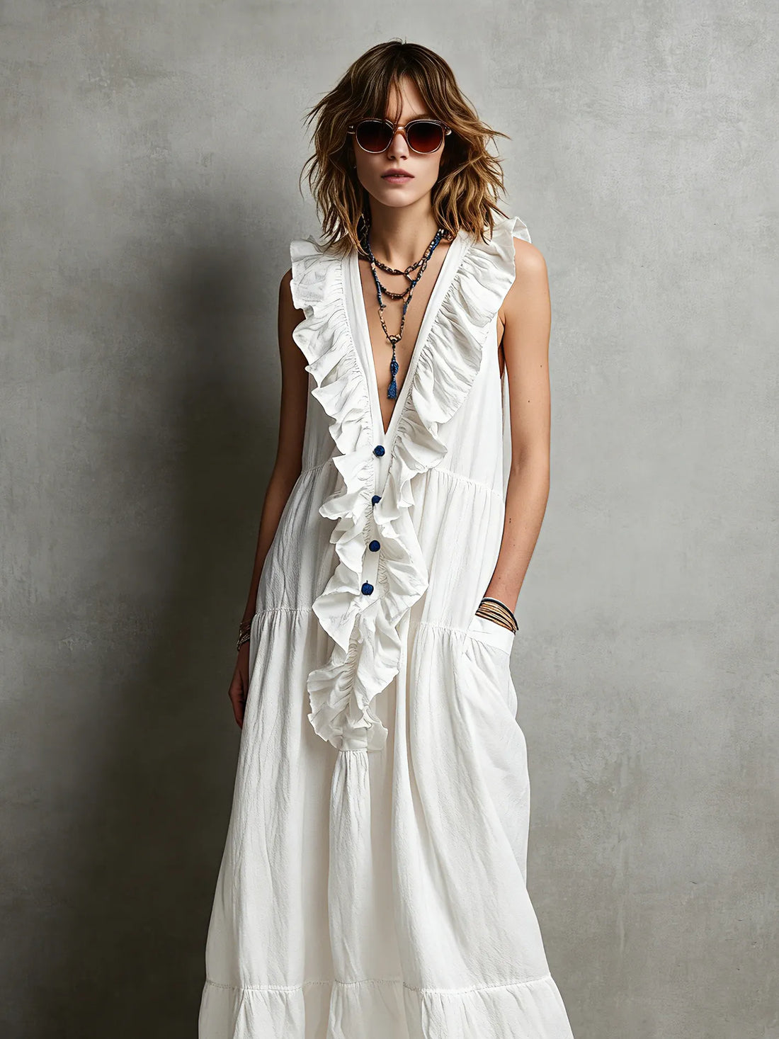 Women's Casual White Cotton-Linen Maxi Dress — V-Neck, Ruffled, Sleeveless MDZ2418D0LXY