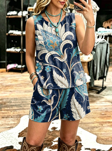 Women's Vintage Sleeveless Patchwork Casual Suit