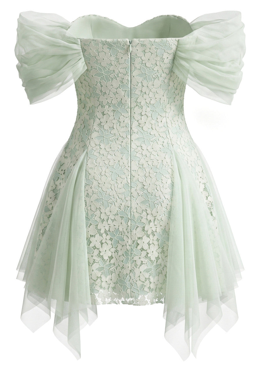 Floral Mesh Bardot Lace Dress Green