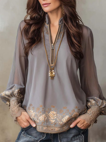 Vintage-style Zippered Collar Floral Chiffon Blouse