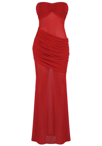Strapless Draped Detail Maxi Dress Red