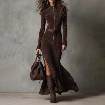 Vintage Brown Zipper Belted Maxi Dress