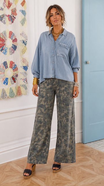 Denim Cropped Shirt & Camo Wide Leg Pants Set