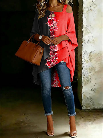 Women's Color Block Floral Cold Shoulder Asymmetrical Hem Blouse
