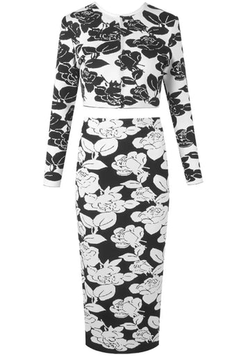 Long Sleeve Floral Two Piece Midi Dress Black White