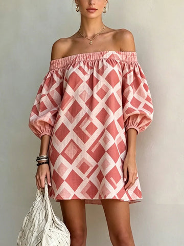 Pink Geometric Print Puff Sleeve Off-shoulder Mini Dress