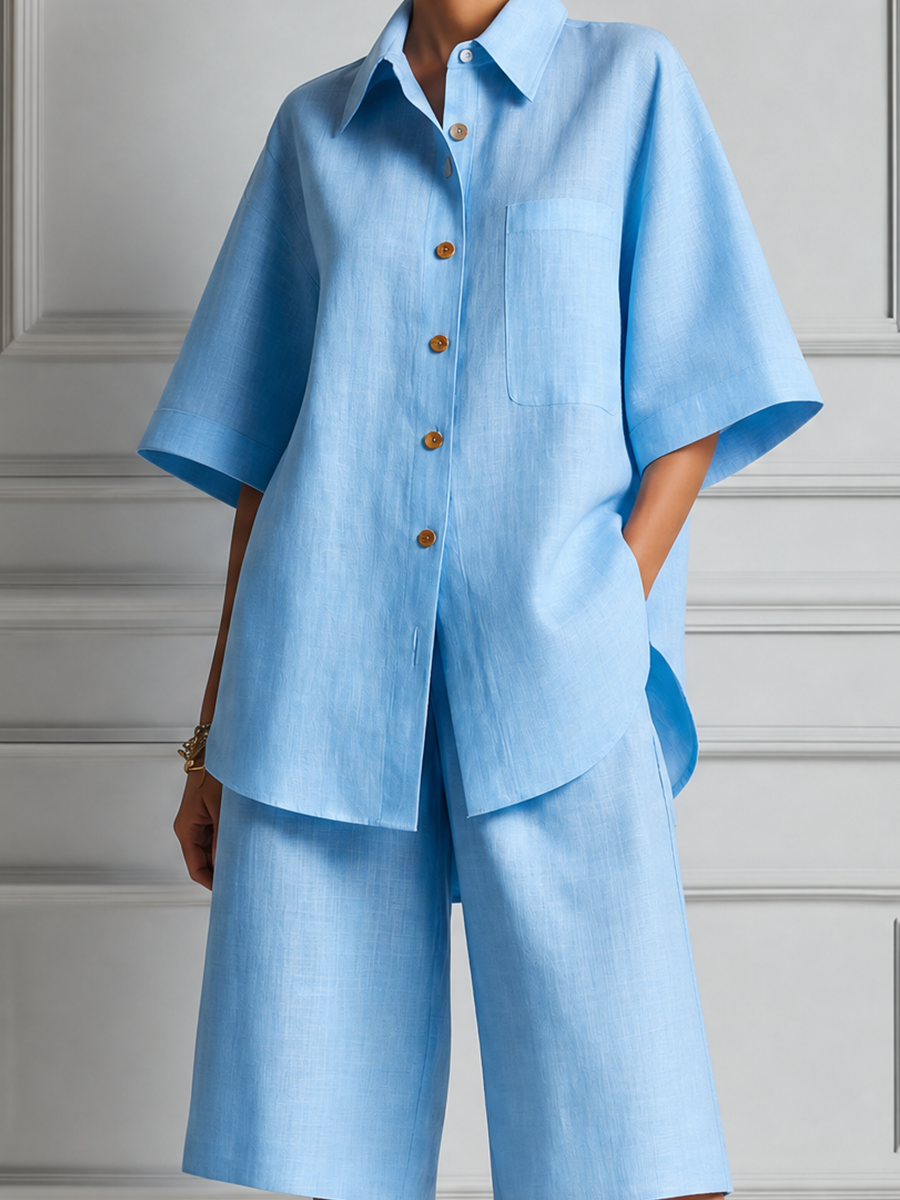 Sky Blue Linen Shirt & Bermuda Shorts Two-Piece Set