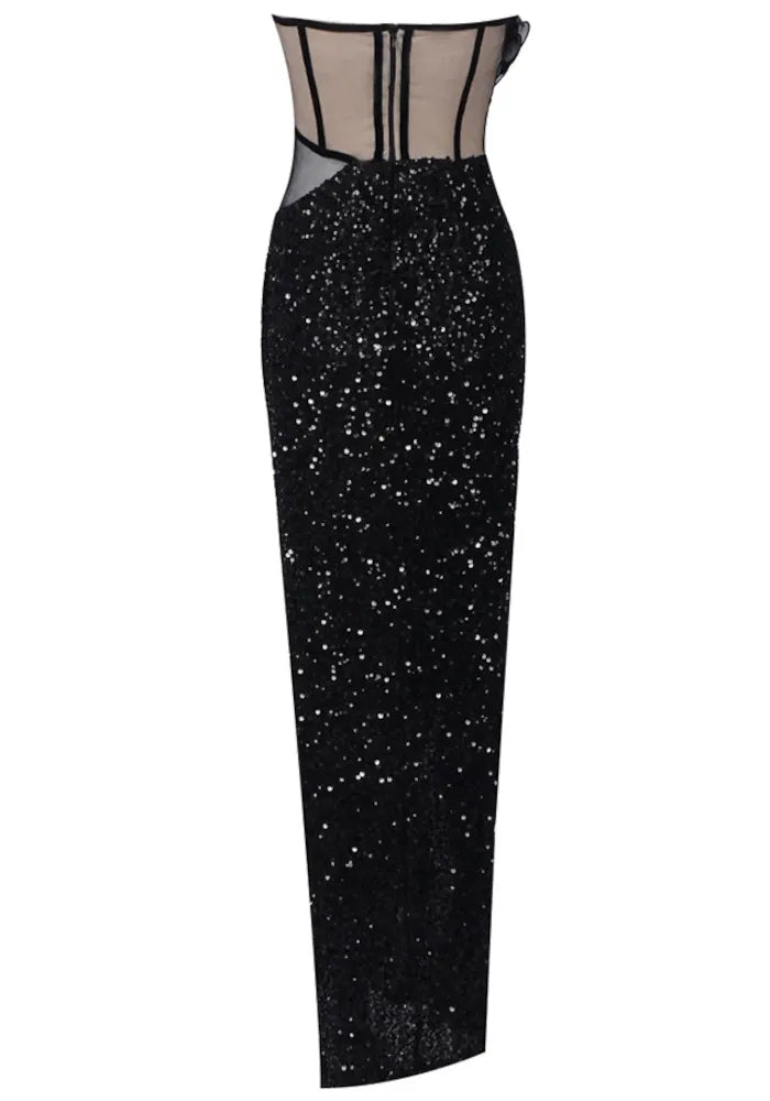 Strapless Ruffle Corset Sequin Maxi Dress Black