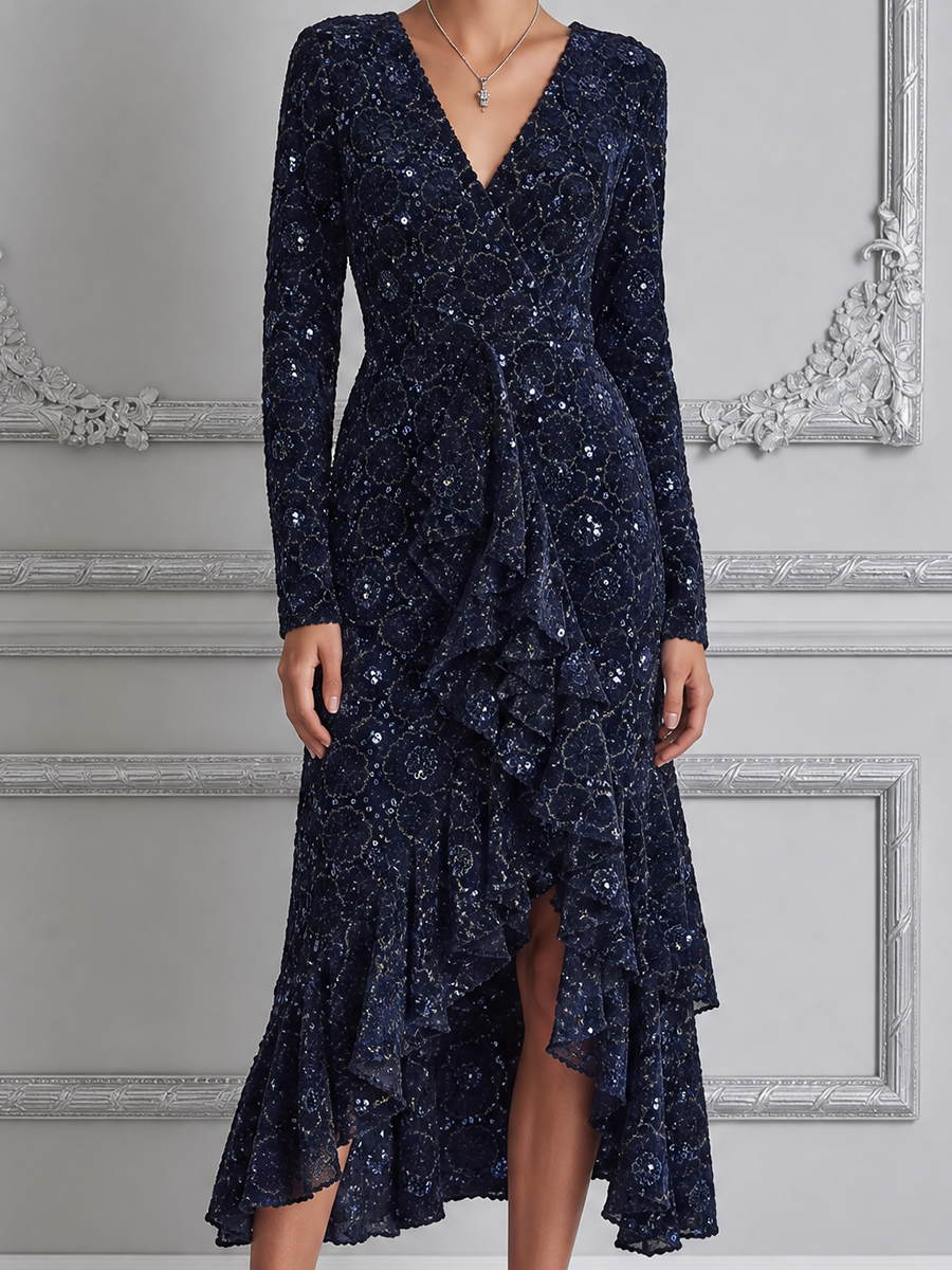 Navy Lace Dress Fall Wedding Guest Dress Ruffle High Low Midi Dress