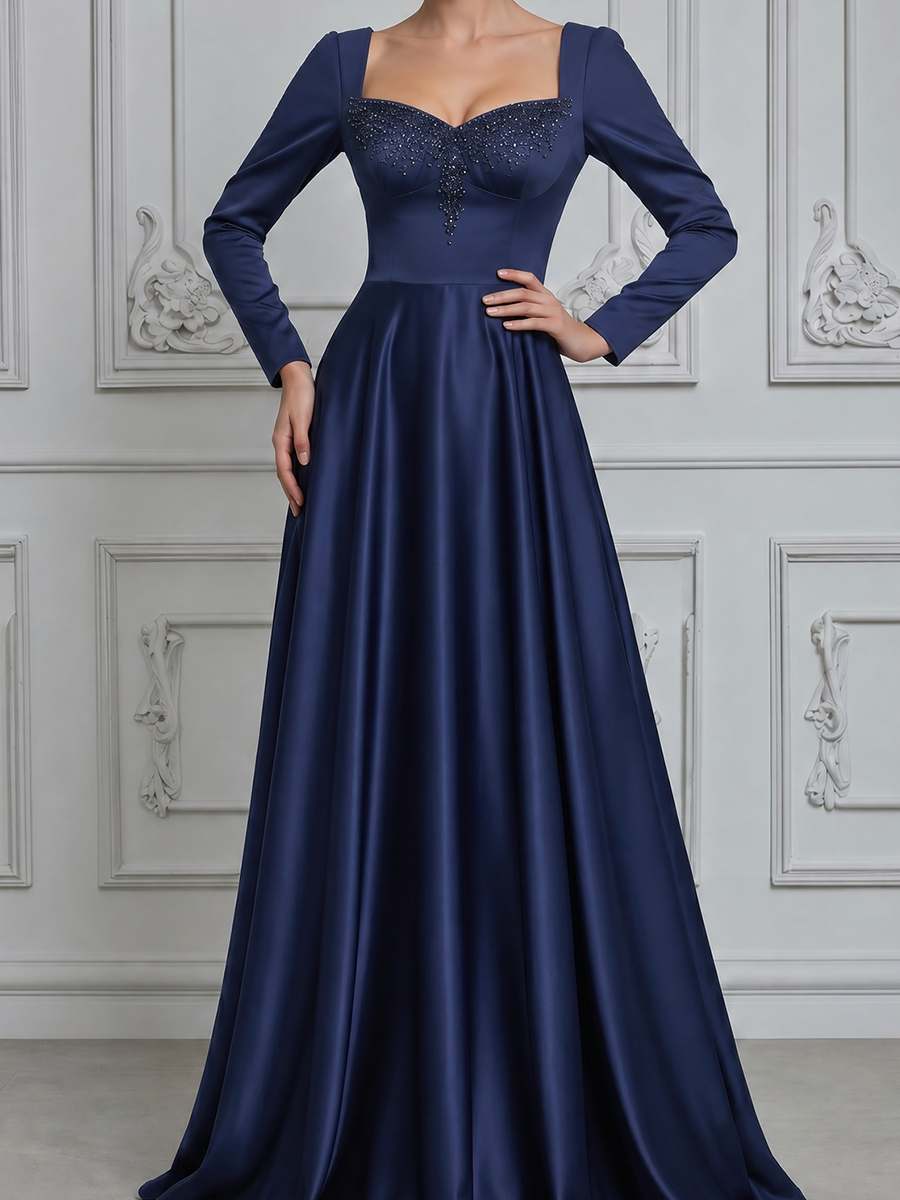 Navy Dress Fall Wedding Guest Dress Satin Embellished Ball Gown Maxi Dress