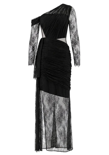 Long Sleeve Draped Lace Maxi Dress Black