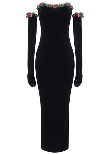 Strapless Floral Maxi Velvet Dress Black