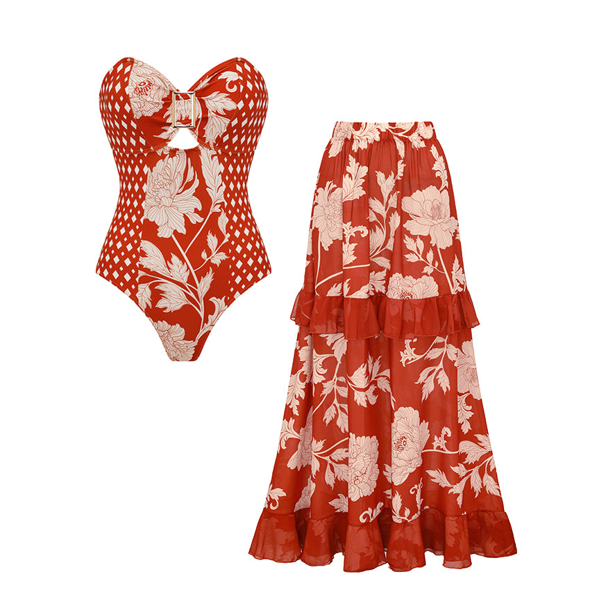 Bandeau Red Flower Print Cut Out Splicing Swimsuit Set(s)
