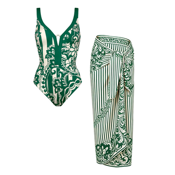 V-neck Green Print Swimsuit set(s)