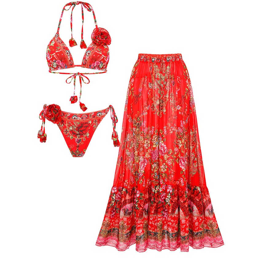 3D Red Flowers Triangle Cup Swimsuit Set(s)