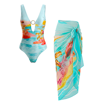 Deep V-neck Landscape Print Swimsuit set(s)