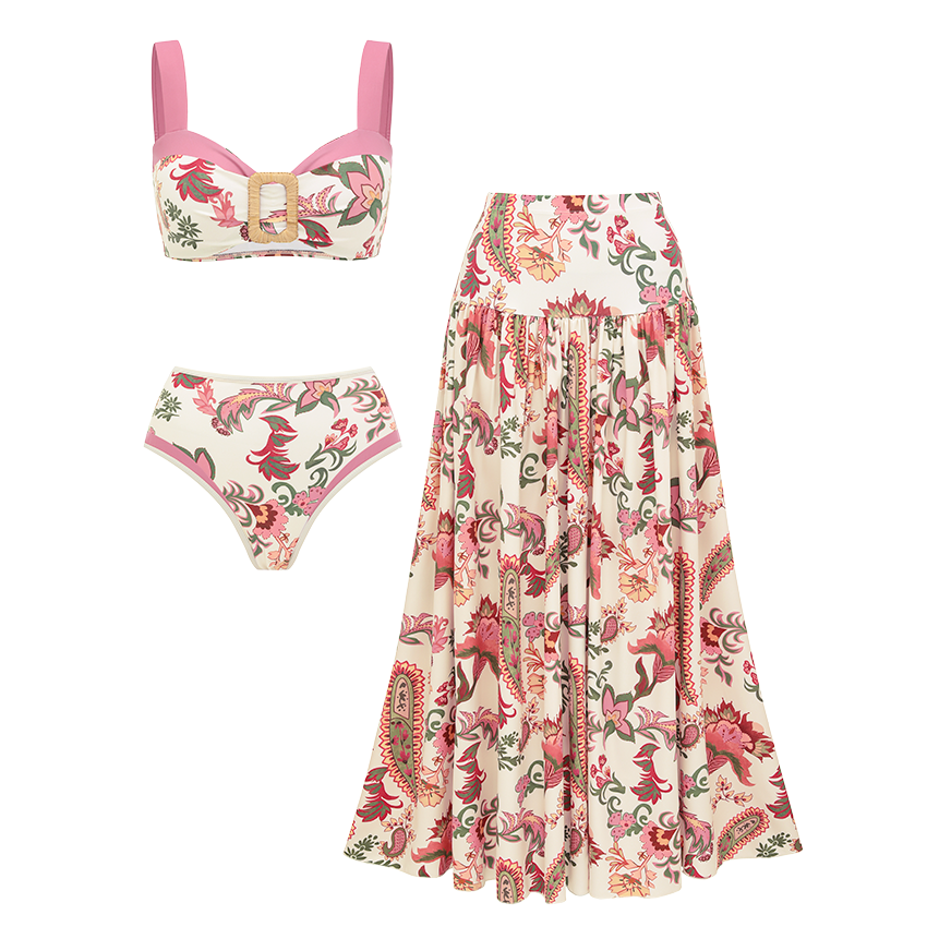 Color-blocking Pink Paisley Print Swimsuit set(s)