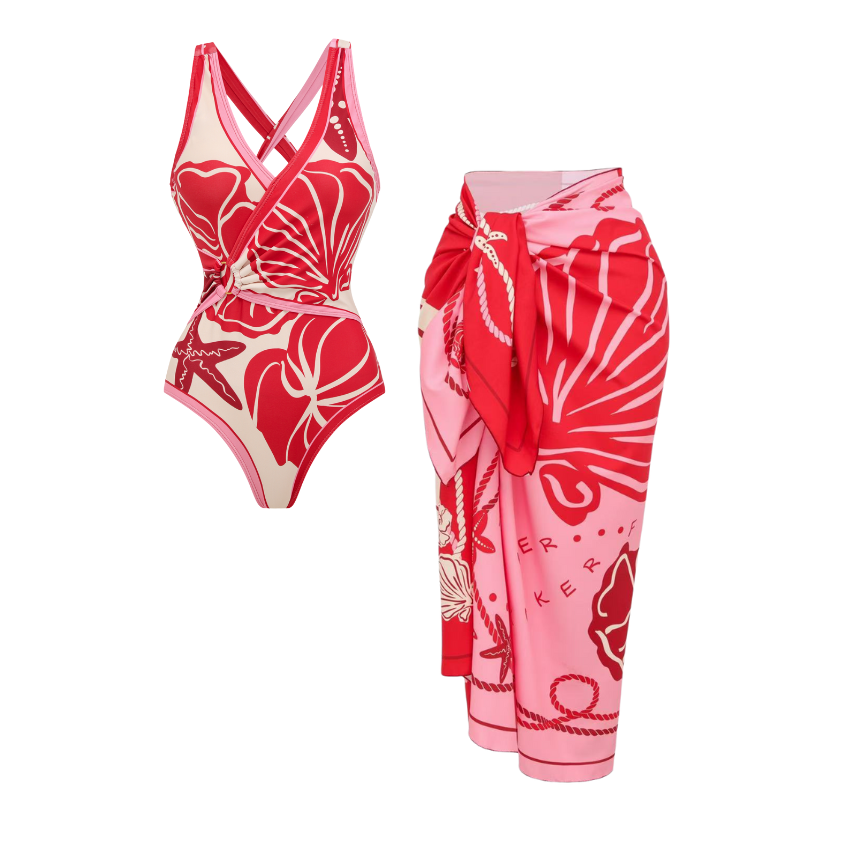 Pink Contrasting Color With Seashell Print Swimsuit Set(s)