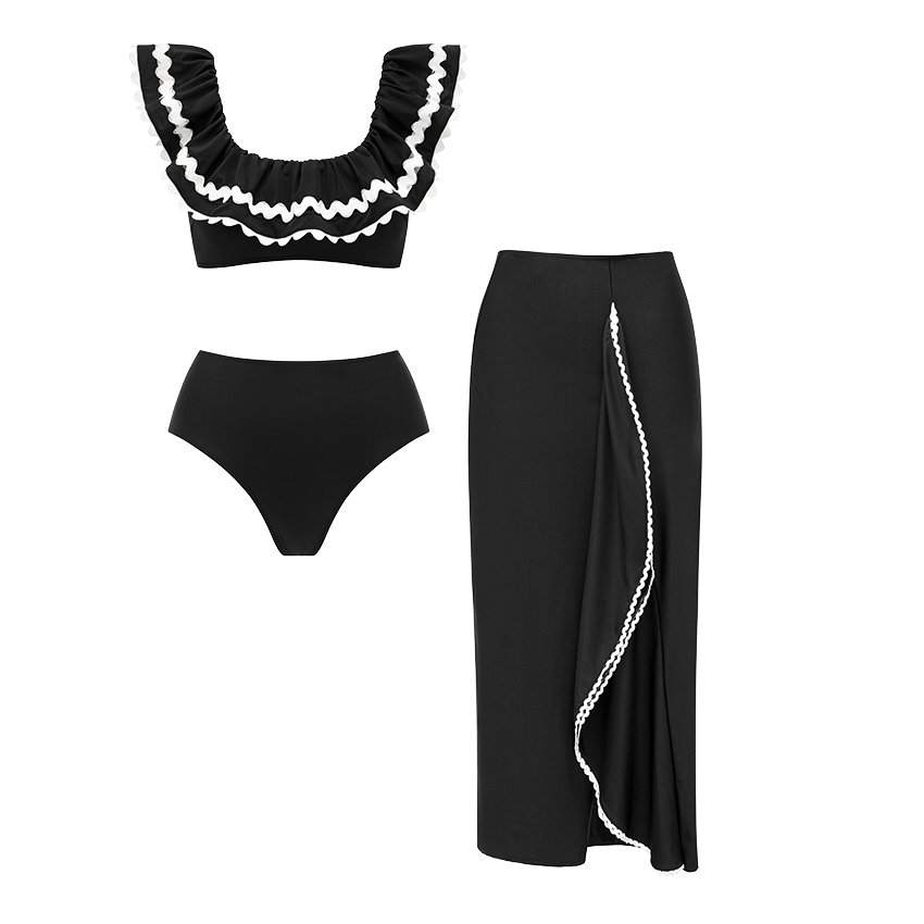Black Ruffle Off-the-shoulder Swimsuit set(s)