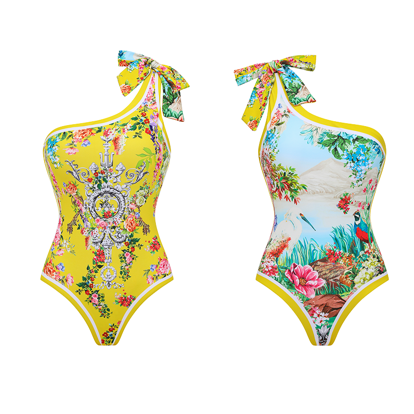 Reversible One Shoulder Bougainvillea Print Swimsuit Set(s)