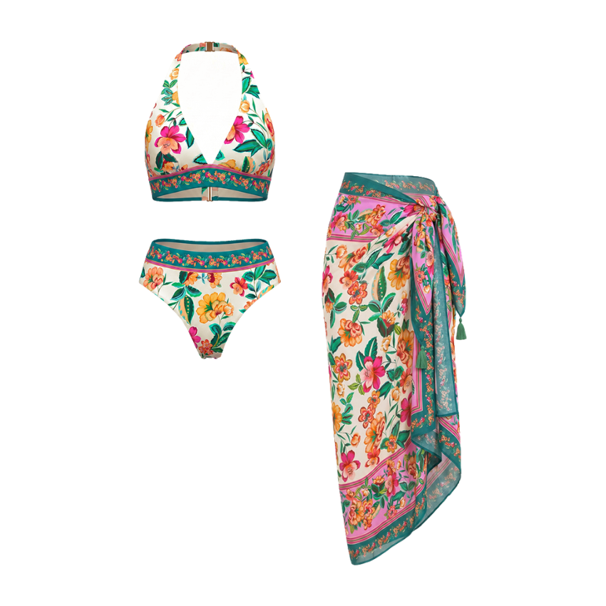 Halter-neck Bloom Haven Print Swimsuit Set(s)