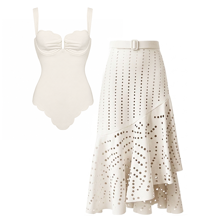Detachable Shoulder Straps White Color Laser Cutting Swimsuit Set(s)