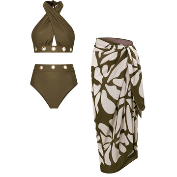 Halter-neck Olive Green Hollow Out Swimsuit Set(s)