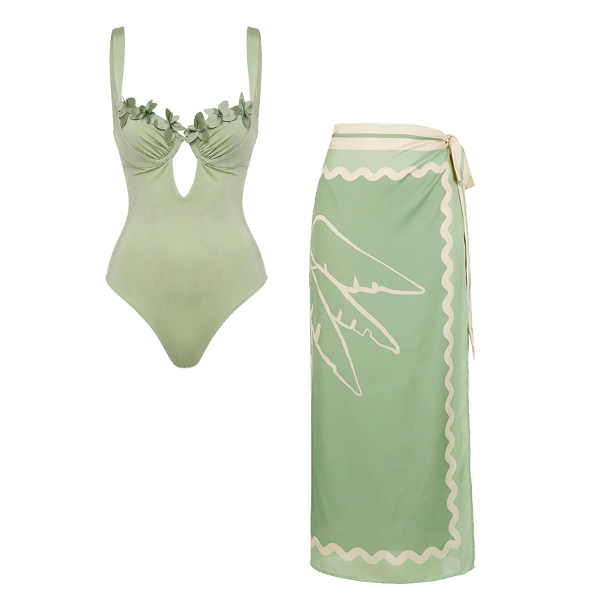 Pale Green 3D Flowers Swimsuit set(s)
