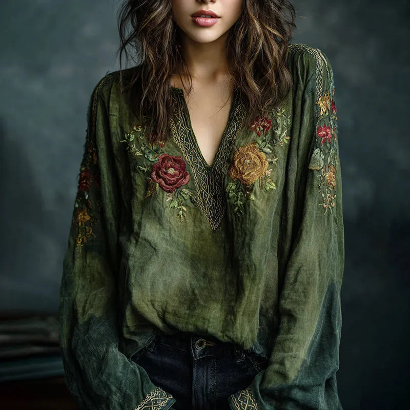 Women's Floral Embroidered Art Print Flowy Linen Blend Casual Tunic