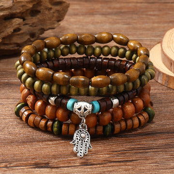 Unisex Vintage Hand Of Fatima Pendant Wooden Bead N