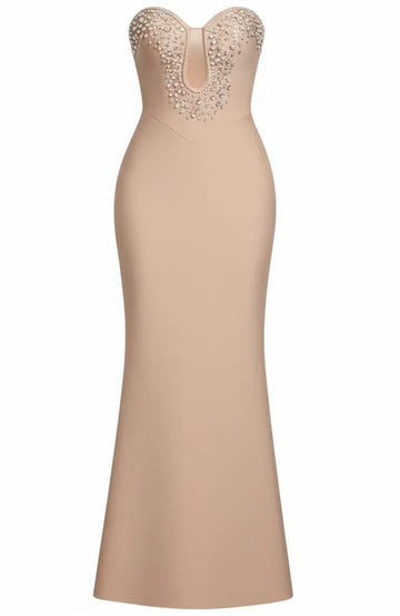 Strapless Crystal Pearl Detail Maxi Dress Nude