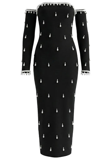 Long Sleeve Bardot Crystal Pearl Maxi Dress Black